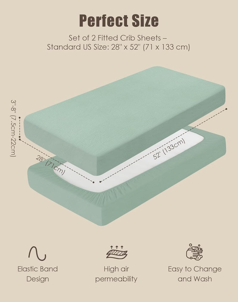 SWEET DOLPHIN 2-Pack Muslin Crib Sheets for Boys & Girls, Ultra Soft Breathable 40S Long-Staple Cotton Fitted Baby Sheets for Standard Crib Mattress 52"x28", Green and Grey- Nursery Essentials - Image 5
